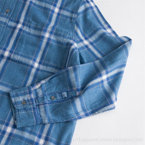 Men's Blue and White Plaid Long Sleeve Shirt
